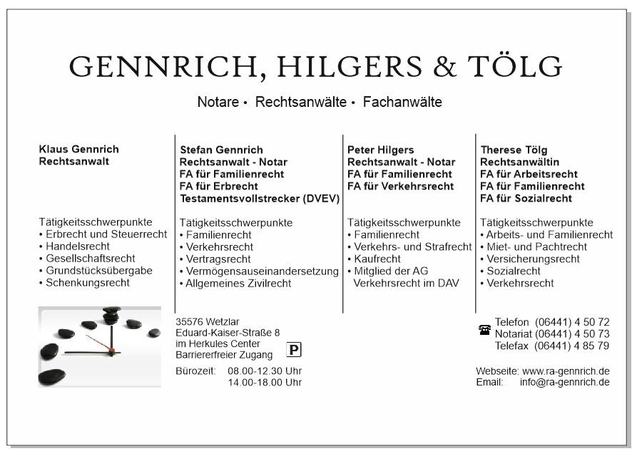 Notar & Rechtsanwälte – Rechtsanwalt Gennrich – Hilgers – Tölg – Wetzlar
